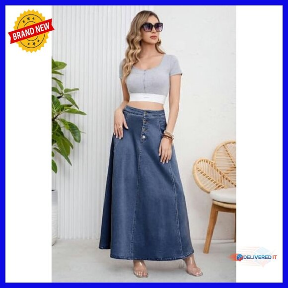 Retro High Waist Button Fly Flared Denim Maxi Skirt Pleated Swing - Picture 5 of 8